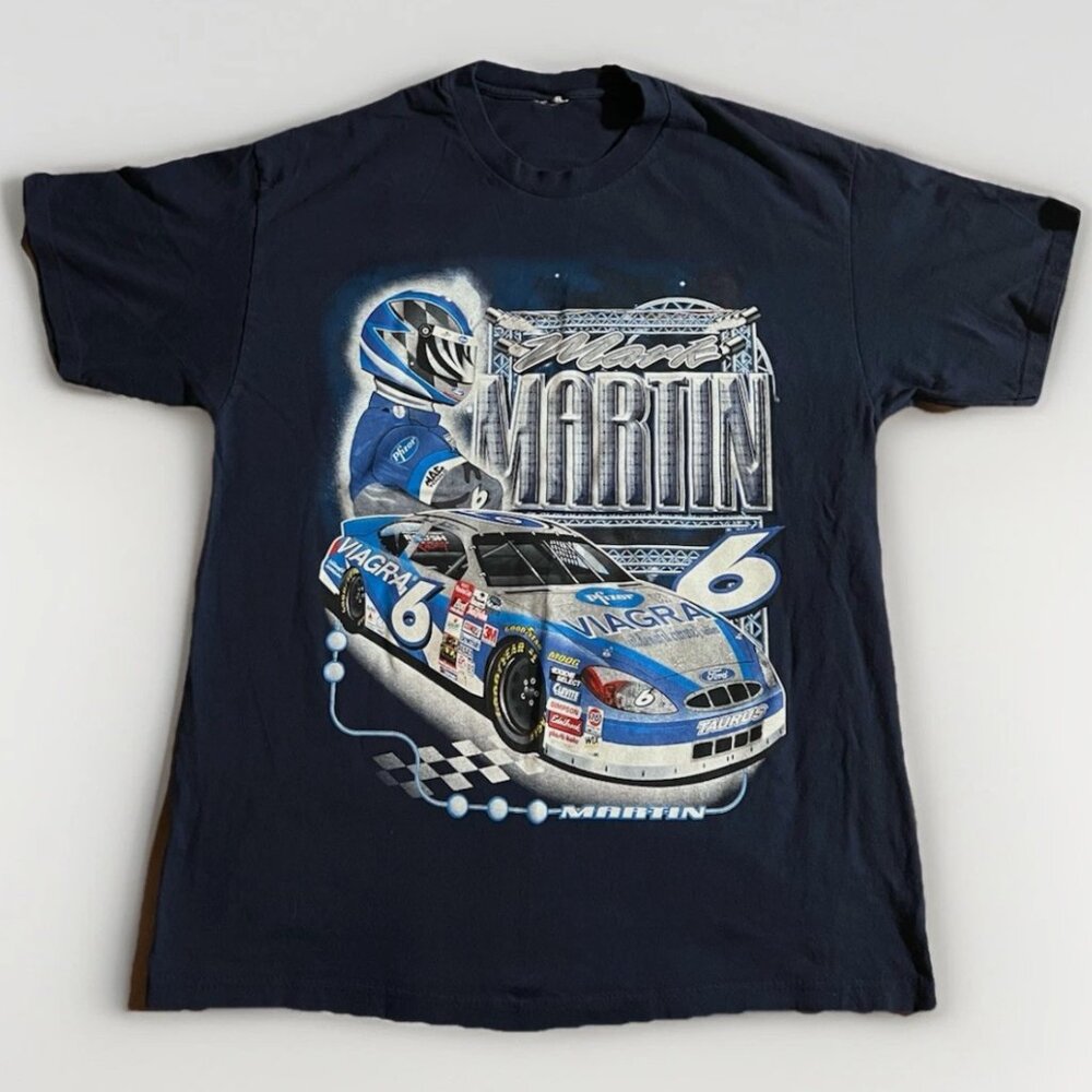 Vtg Nascar Shirt Mens Large Black Cut Tag Blue Pill Mark Martin 90s Y2K All Over